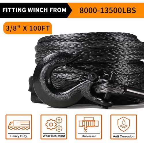 AlltoAuto Winch Rope with Hook, 3/8" x 100'-25000lbs Dyneema Synthetic Winch Rope Line Cable with Protective Sleeve for Truck 4WD Off-Road Vehicle Winch Accessory Black - Image 4