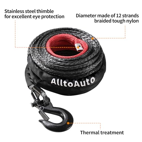AlltoAuto Winch Rope with Hook, 3/8" x 100'-25000lbs Dyneema Synthetic Winch Rope Line Cable with Protective Sleeve for Truck 4WD Off-Road Vehicle Winch Accessory Black - Image 3