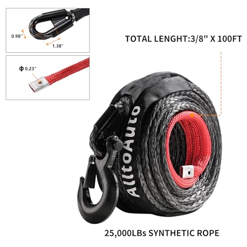 AlltoAuto Winch Rope with Hook, 3/8" x 100'-25000lbs Dyneema Synthetic Winch Rope Line Cable with Protective Sleeve for Truck 4WD Off-Road Vehicle Winch Accessory Black - Image 2