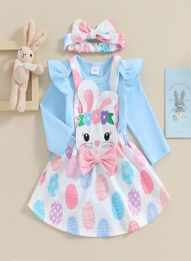 Gueuusu Baby Girl Easter Clothes Ruffle Long Sleeve Romper Bunny/Easter Eggs Print Overall Skirt Dress Cute Newborn Outfit (Blue, 0-3 Months) - Image 3
