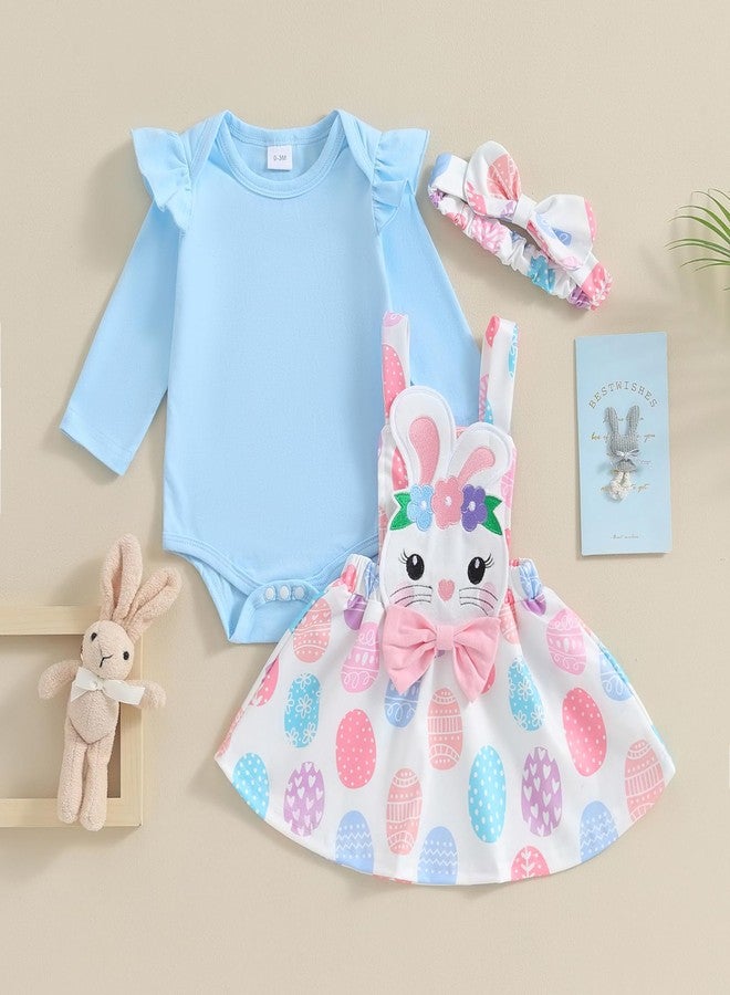 Gueuusu Baby Girl Easter Clothes Ruffle Long Sleeve Romper Bunny/Easter Eggs Print Overall Skirt Dress Cute Newborn Outfit (Blue, 0-3 Months) - Image 2