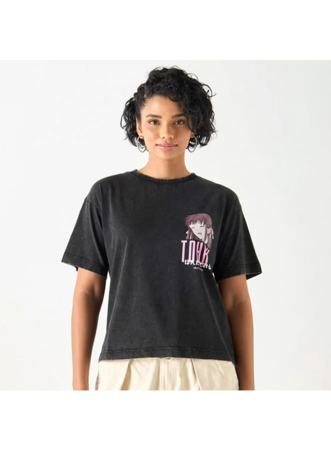 SP Characters Tohru Print Crew Neck T-shirt with Short Sleeves