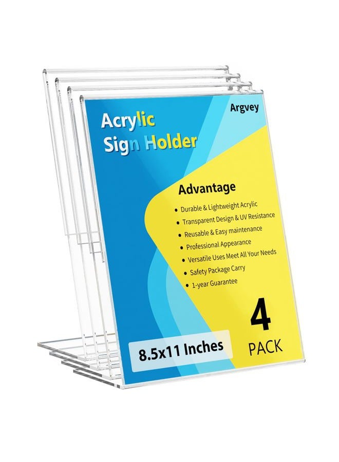 Argvey 4 Pack Acrylic Sign Holder 8.5x11, Clear Plastic Slanted Back Sign Holders, Desktop Papers Menus Frame Flyer Document Holder Display Stand for Coffee Shops, Hotels, Offices, Public Spaces - Image 1