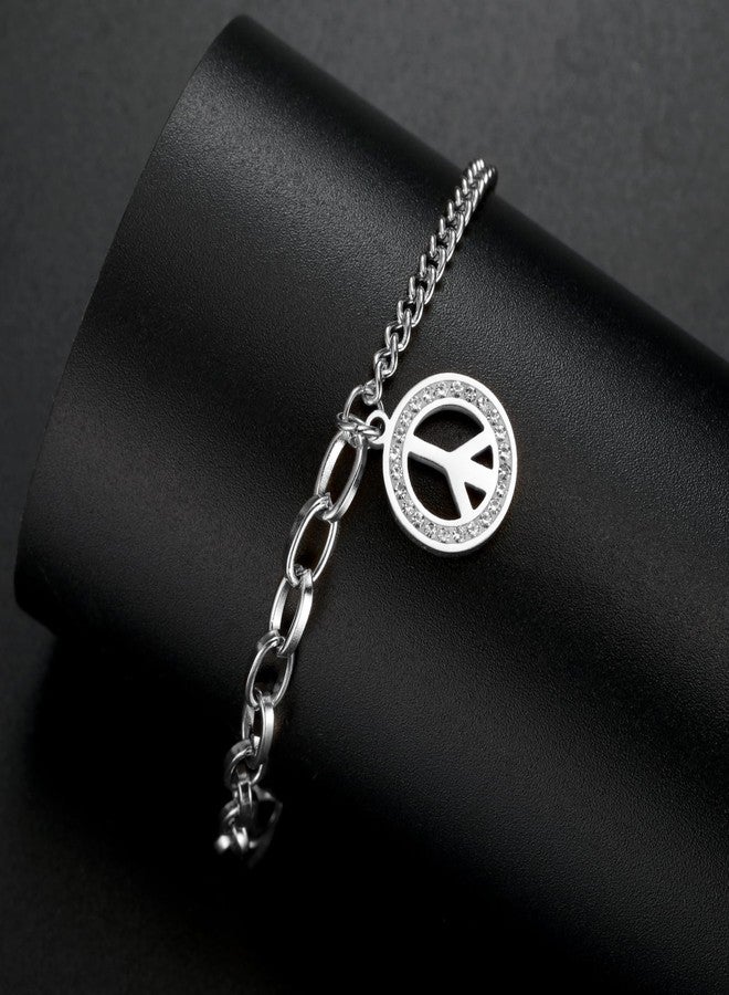TEAMER Stainless Steel Rhinestone Peace Sign Symbol Bracelet Adjustable Box Chain Geometric Peace Symbol Bracelet Hippie Jewelry For Women (Splicing Chain) - Image 5