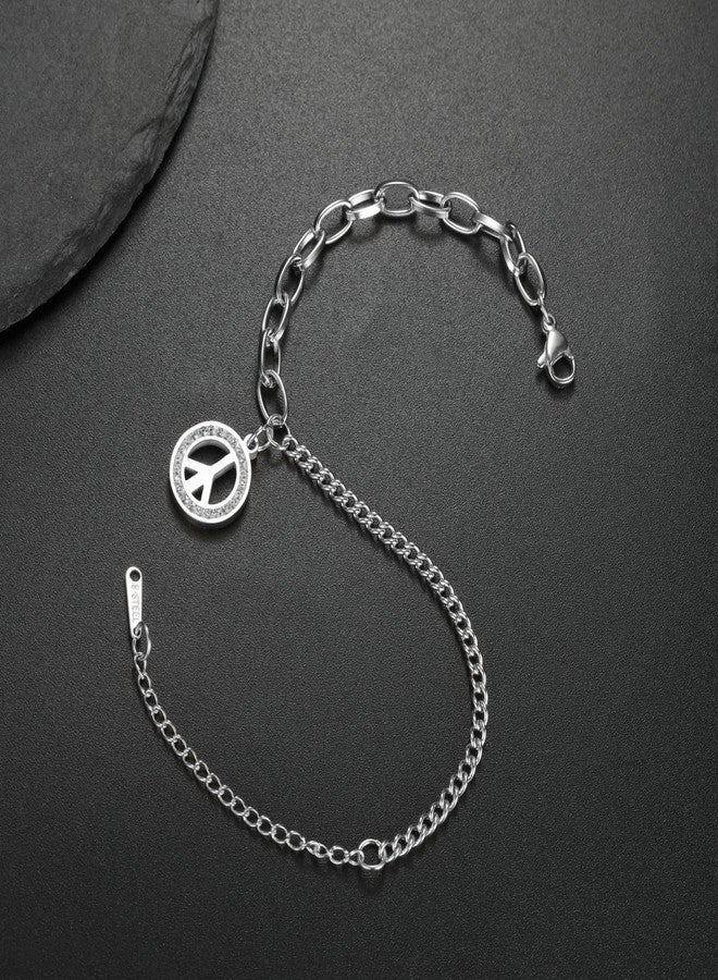 TEAMER Stainless Steel Rhinestone Peace Sign Symbol Bracelet Adjustable Box Chain Geometric Peace Symbol Bracelet Hippie Jewelry For Women (Splicing Chain) - Image 4