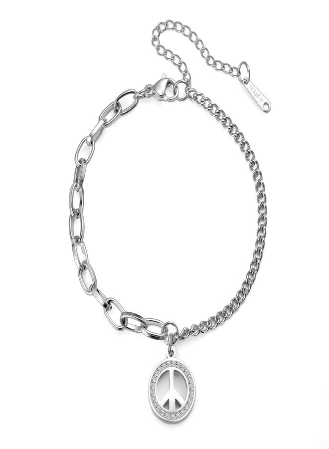 TEAMER Stainless Steel Rhinestone Peace Sign Symbol Bracelet Adjustable Box Chain Geometric Peace Symbol Bracelet Hippie Jewelry For Women (Splicing Chain) - Image 1