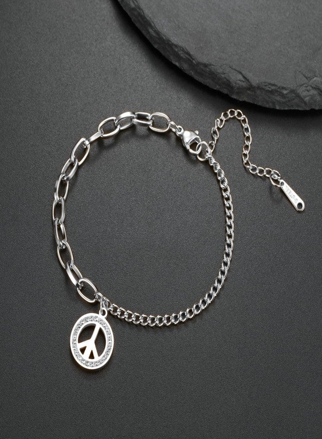 TEAMER Stainless Steel Rhinestone Peace Sign Symbol Bracelet Adjustable Box Chain Geometric Peace Symbol Bracelet Hippie Jewelry For Women (Splicing Chain) - Image 3