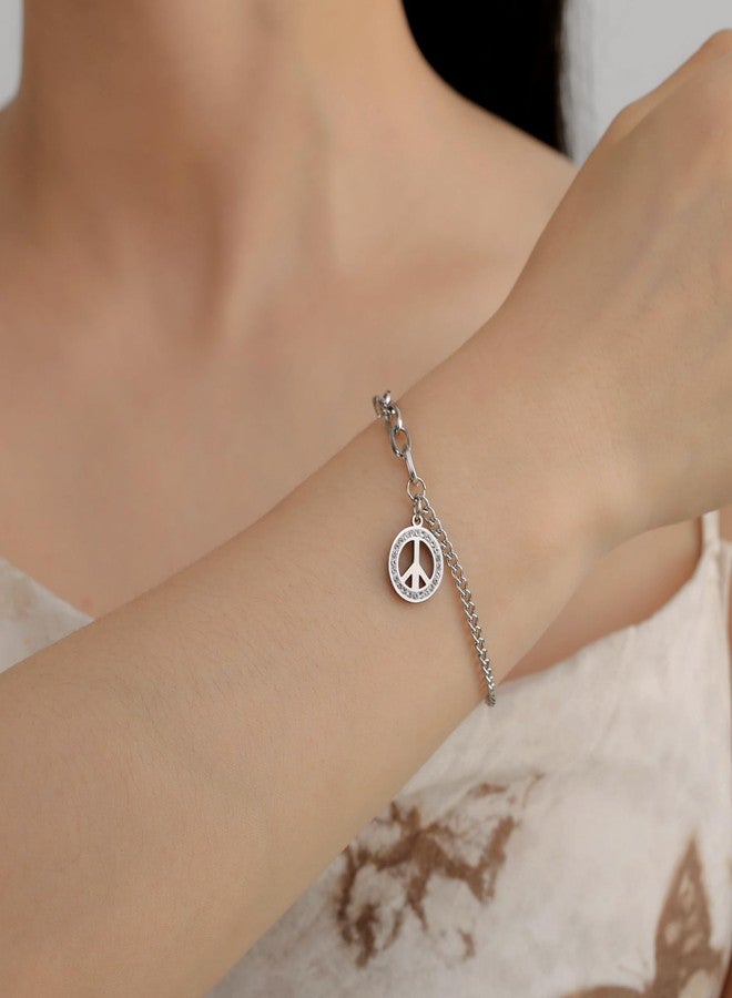 TEAMER Stainless Steel Rhinestone Peace Sign Symbol Bracelet Adjustable Box Chain Geometric Peace Symbol Bracelet Hippie Jewelry For Women (Splicing Chain) - Image 2