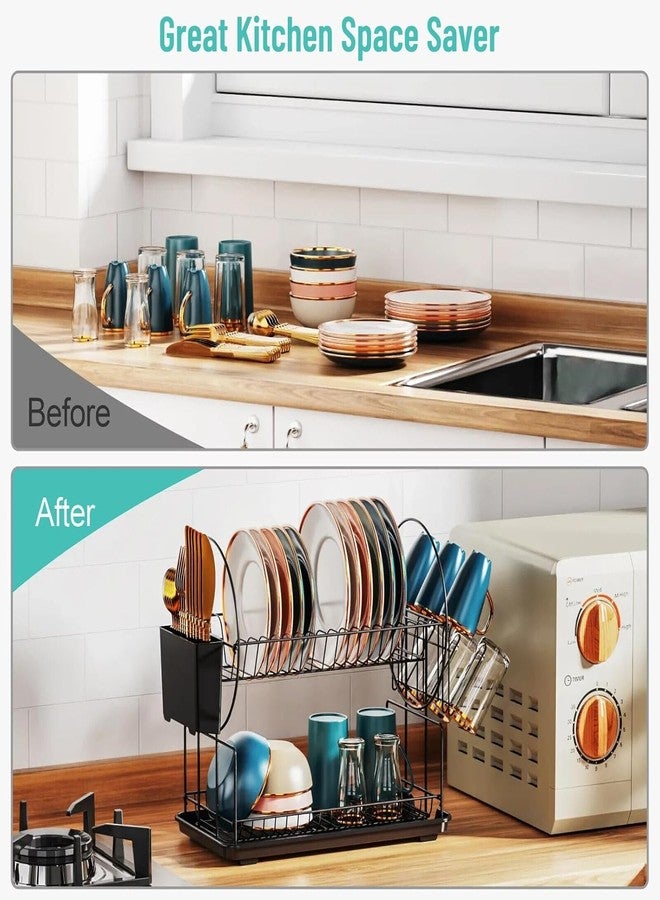 Earwig 2 Tiers Dish Drying Rack, Space-Saving Dish Racks for Kitchen Counter, Dish Drainer Drying Rack with Drainboard, Utensil Holder Cups Holder and Adjustable Swivel Spout, Black. - Image 3