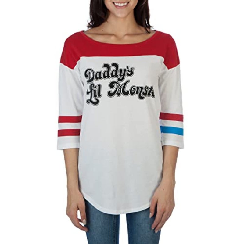 Bioworld Suicide Squad Harley Quinn Daddy's Lil Monster Raglan T-Shirt (Medium) White