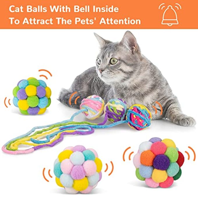 Retro Shaw 6Pcs Cat Toys Balls, Wool Yarn Cat Ball with Bell Inside, Interactive Kitten Toys for Indoor Cats Kitty Chew Kick, Colorful Soft Fuzzy Pet Toy Ball with String - Image 2