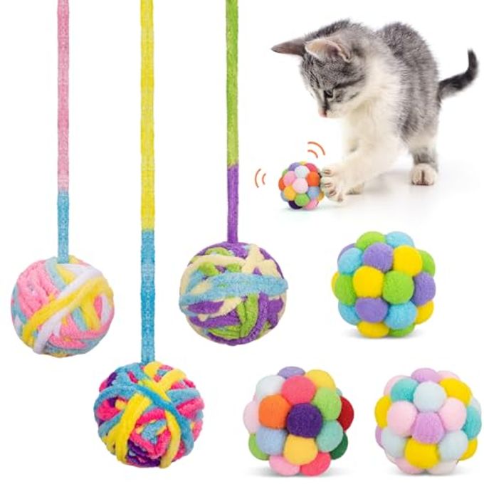 Retro Shaw 6Pcs Cat Toys Balls, Wool Yarn Cat Ball with Bell Inside, Interactive Kitten Toys for Indoor Cats Kitty Chew Kick, Colorful Soft Fuzzy Pet Toy Ball with String - Image 4