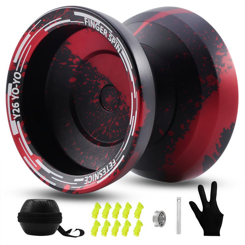 FETESNICE Y26 Professional Butterfly YoYo Dual Mode ResponsiveUnresponsive Finger Spin Yoyo for Kids Adults Competition Players Pro YoYo with 10 Strings Case GlovesBlack Red - Image 3