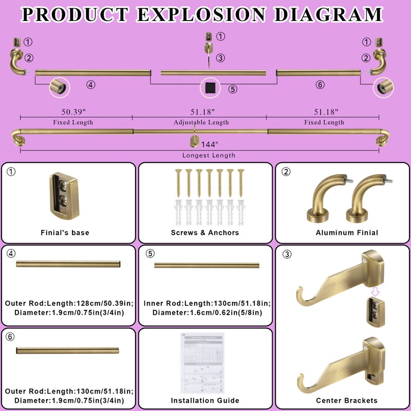 Lwiiom Antique Bronze Disc Curtain Rods, 84-144 Inches Window Curtain Rod,Adjustable Room Darkening Drapery Rod with Aluminum Finials and Brackets,Wrap Around Design - Image 5