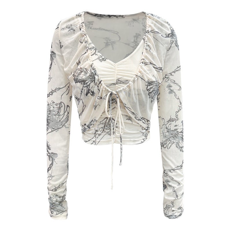 Generic Womens Mesh Yoga Suit Long Sleeve Outerwear Ivory White Print Blouse-Ivory White Print Vest