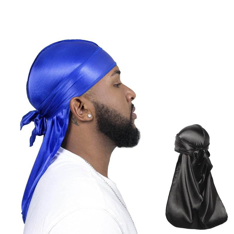 ForceWave 2 Pieces Silky Durag Pack for Men Women Waves, Premium Satin Deluxe Du-rag (Black Blue) - Image 1