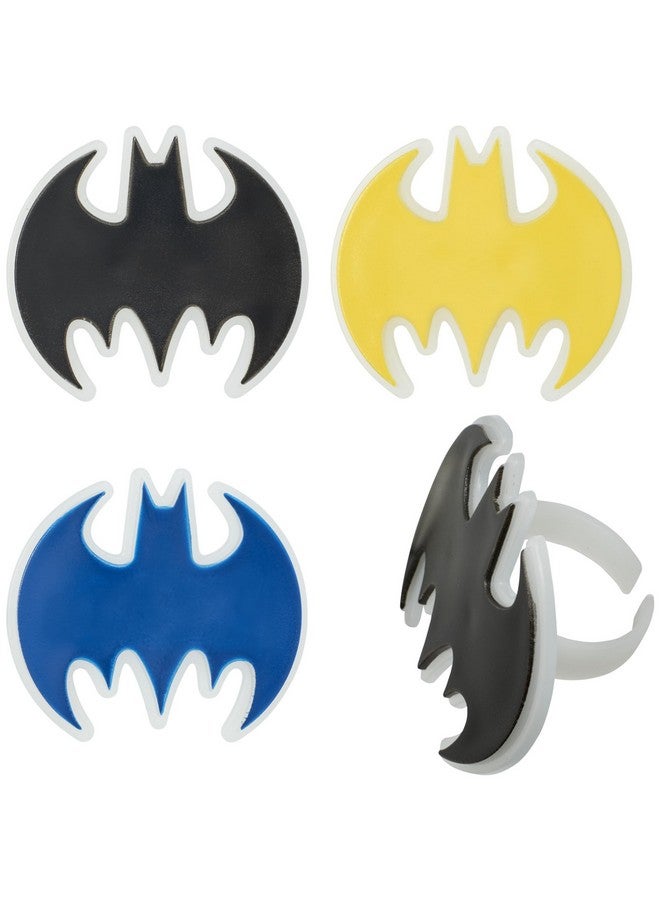 DecoPac Batman Dark Knight Rings, Glow In The Dark Batman Cupcake Decorations, Bat Signal Cake Toppers in Black, Yellow, Blue - 24 Pack - Image 1