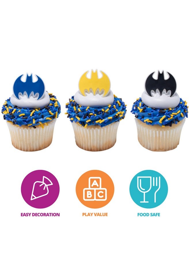 DecoPac Batman Dark Knight Rings, Glow In The Dark Batman Cupcake Decorations, Bat Signal Cake Toppers in Black, Yellow, Blue - 24 Pack - Image 2
