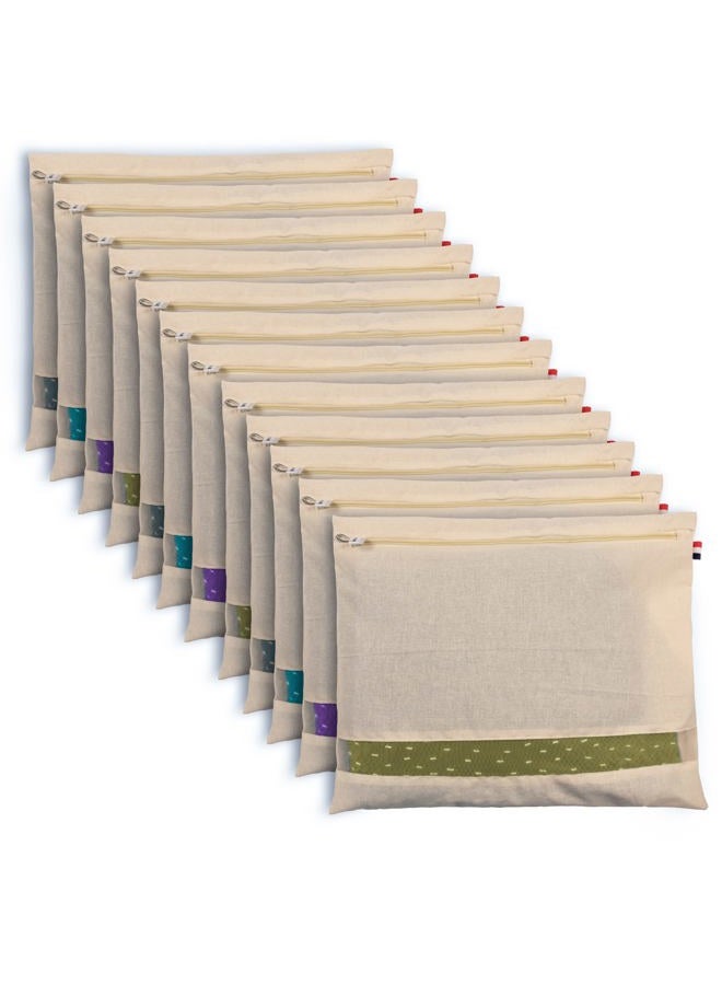 Solstice Cotton Saree Bags/Covers For Storage Set Of - 12 Big Size Single (16 X 14 Inches) With Zip Closure For Clothes Bags And Wardrobe Organizer With Transparent Mesh Window Beige - Image 1