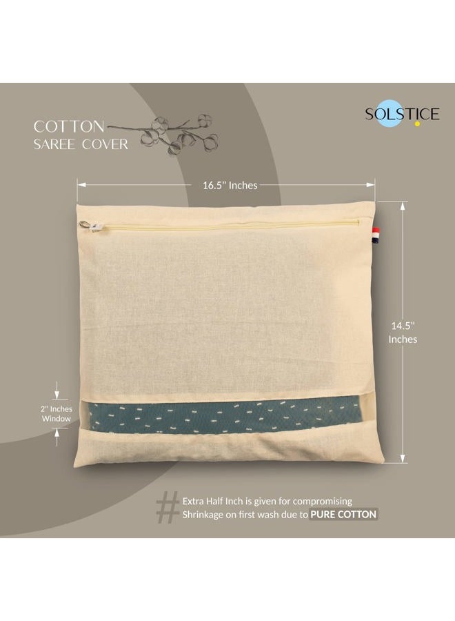 Solstice Cotton Saree Bags/Covers For Storage Set Of - 12 Big Size Single (16 X 14 Inches) With Zip Closure For Clothes Bags And Wardrobe Organizer With Transparent Mesh Window Beige - Image 2