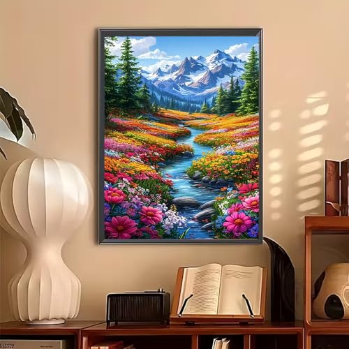 BOHADIY 5D Diamond Art Painting Kits for Beginners, Snowy Mountain Art Kits for Beginner,DIY River Flower Full Round Gem Crystal Art Paint by Diamond Home Wall Decor12X16inch - Image 2