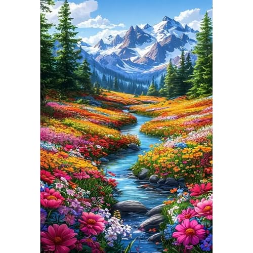 BOHADIY 5D Diamond Art Painting Kits for Beginners, Snowy Mountain Art Kits for Beginner,DIY River Flower Full Round Gem Crystal Art Paint by Diamond Home Wall Decor12X16inch - Image 1