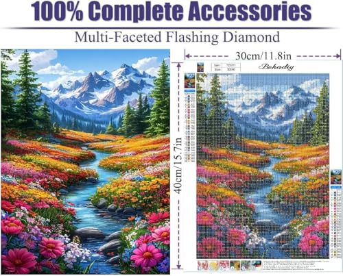 BOHADIY 5D Diamond Art Painting Kits for Beginners, Snowy Mountain Art Kits for Beginner,DIY River Flower Full Round Gem Crystal Art Paint by Diamond Home Wall Decor12X16inch - Image 5
