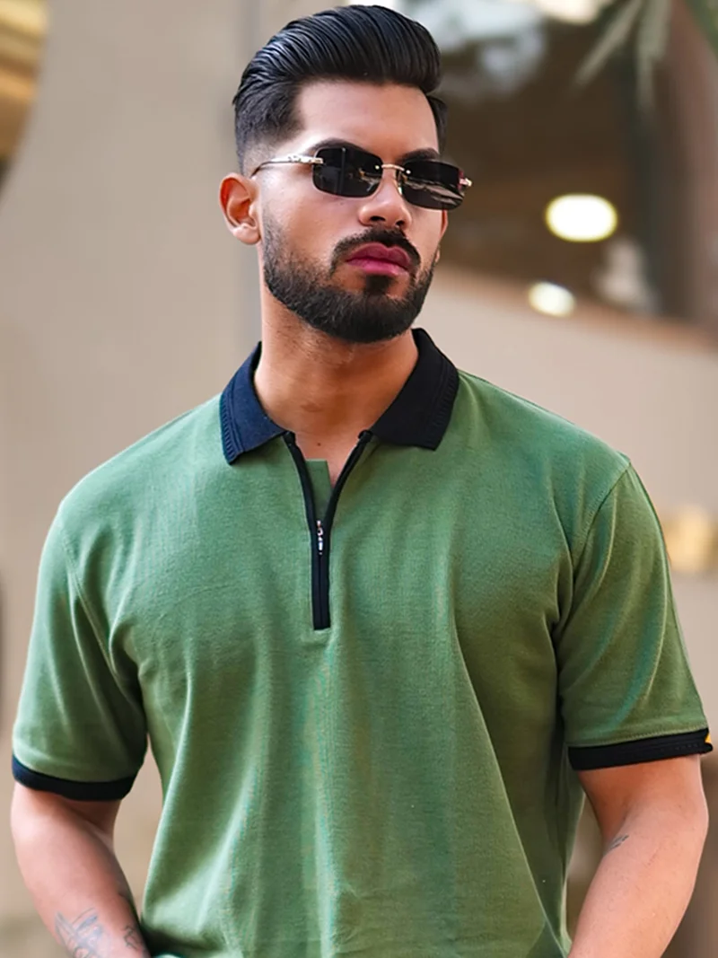 Maniac Mens Solid Polo Neck 3/4th Sleeve Half Zipper Hunter Green and Black Cotton T-Shirt