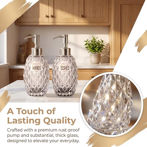 MALACHI Soap Dispenser Set, Crystal-Textured Diamond Glass with Rustproof Stainless Steel Pump, Dual-Labelled Hand & Dish Soap Dispenser for Kitchen & Bathroom - Image 3