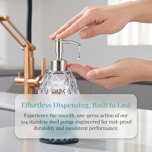MALACHI Soap Dispenser Set, Crystal-Textured Diamond Glass with Rustproof Stainless Steel Pump, Dual-Labelled Hand & Dish Soap Dispenser for Kitchen & Bathroom - Image 2