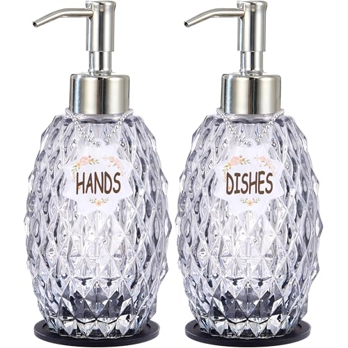 MALACHI Soap Dispenser Set, Crystal-Textured Diamond Glass with Rustproof Stainless Steel Pump, Dual-Labelled Hand & Dish Soap Dispenser for Kitchen & Bathroom - Image 1