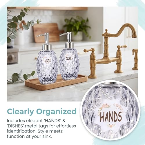 MALACHI Soap Dispenser Set, Crystal-Textured Diamond Glass with Rustproof Stainless Steel Pump, Dual-Labelled Hand & Dish Soap Dispenser for Kitchen & Bathroom - Image 4