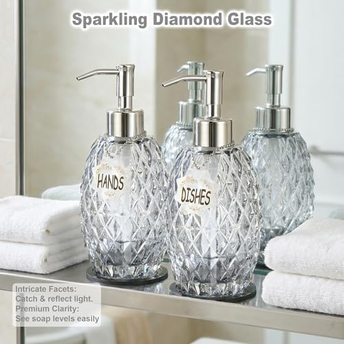MALACHI Soap Dispenser Set, Crystal-Textured Diamond Glass with Rustproof Stainless Steel Pump, Dual-Labelled Hand & Dish Soap Dispenser for Kitchen & Bathroom - Image 5