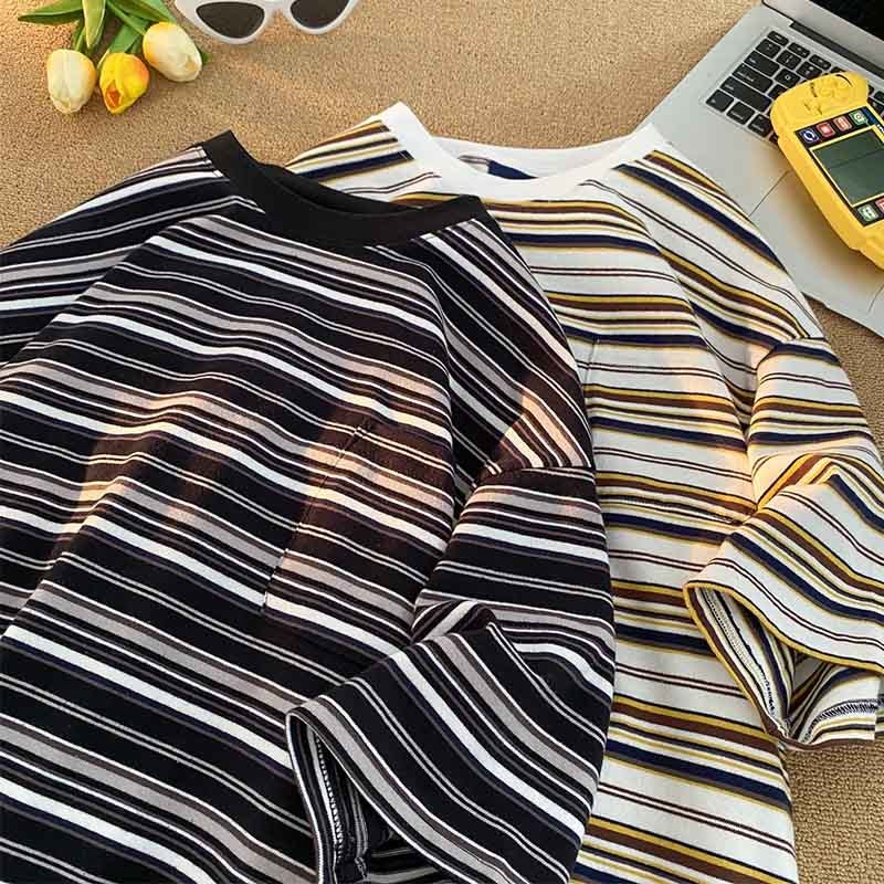 Summer thin striped short-sleeved T-shirt men's pocket round neck color matching fashion brand casual all-match trendy youth T-shirt - Image 4