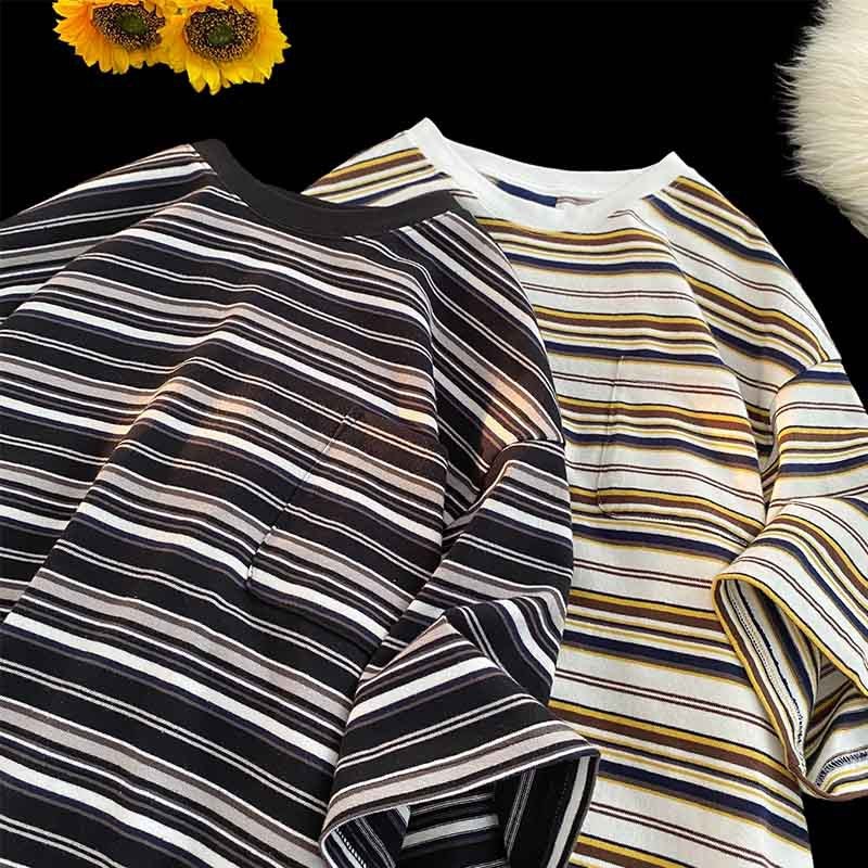 Summer thin striped short-sleeved T-shirt men's pocket round neck color matching fashion brand casual all-match trendy youth T-shirt - Image 3