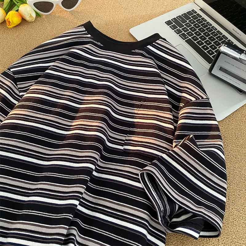 Summer thin striped short-sleeved T-shirt men's pocket round neck color matching fashion brand casual all-match trendy youth T-shirt - Image 1