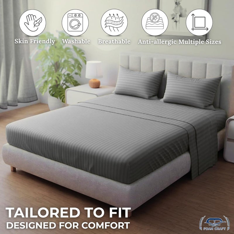 FOAM CRAFT Queen Size Fitted Bed Sheet Set - Striped Cotton 3 Piece Set (Light Grey, 180 x 200cm) - Image 5