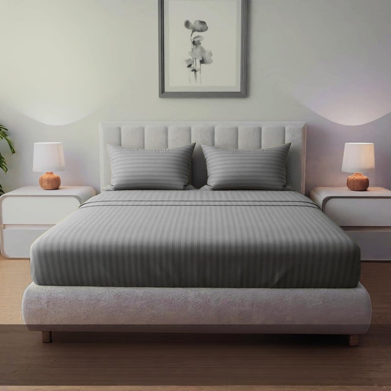 FOAM CRAFT Queen Size Fitted Bed Sheet Set - Striped Cotton 3 Piece Set (Light Grey, 180 x 200cm) - Image 1