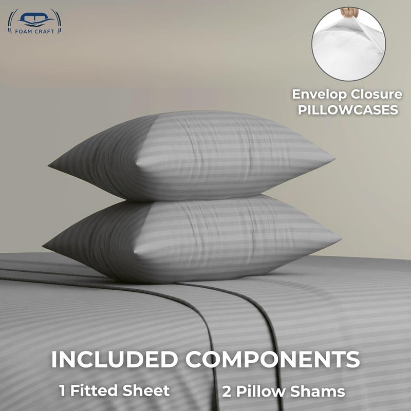 FOAM CRAFT Queen Size Fitted Bed Sheet Set - Striped Cotton 3 Piece Set (Light Grey, 180 x 200cm) - Image 4