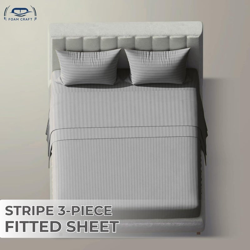 FOAM CRAFT Queen Size Fitted Bed Sheet Set - Striped Cotton 3 Piece Set (Light Grey, 180 x 200cm) - Image 3
