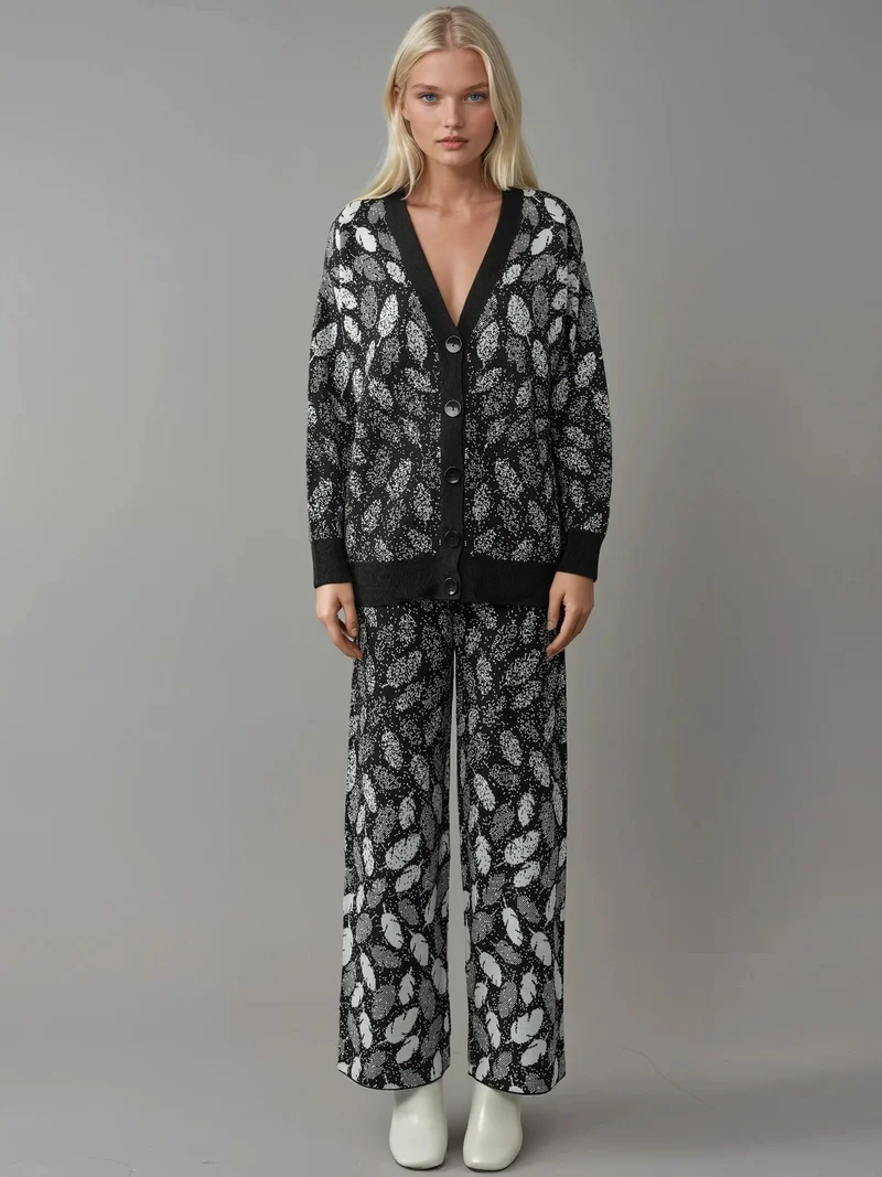 MY FASHION MY FASHION V-Neck Jacquard Knit Cardigan and Wide Leg Pants Set