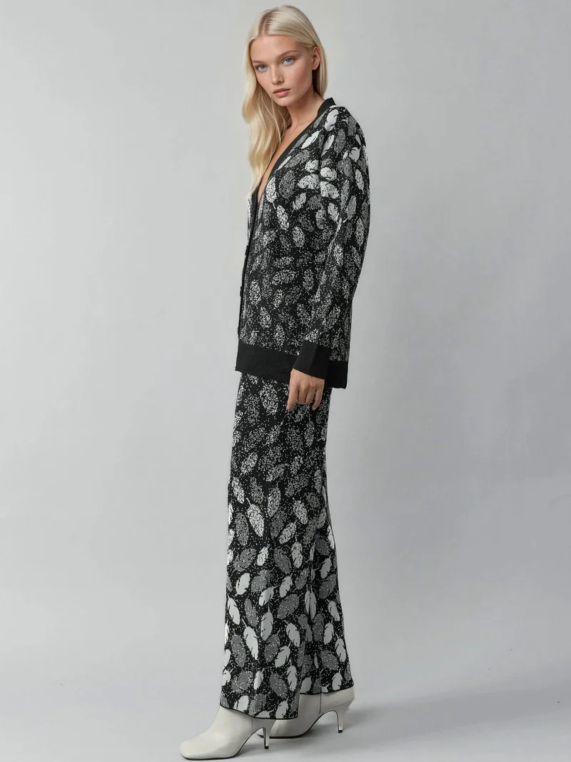 MY FASHION MY FASHION V-Neck Jacquard Knit Cardigan and Wide Leg Pants Set