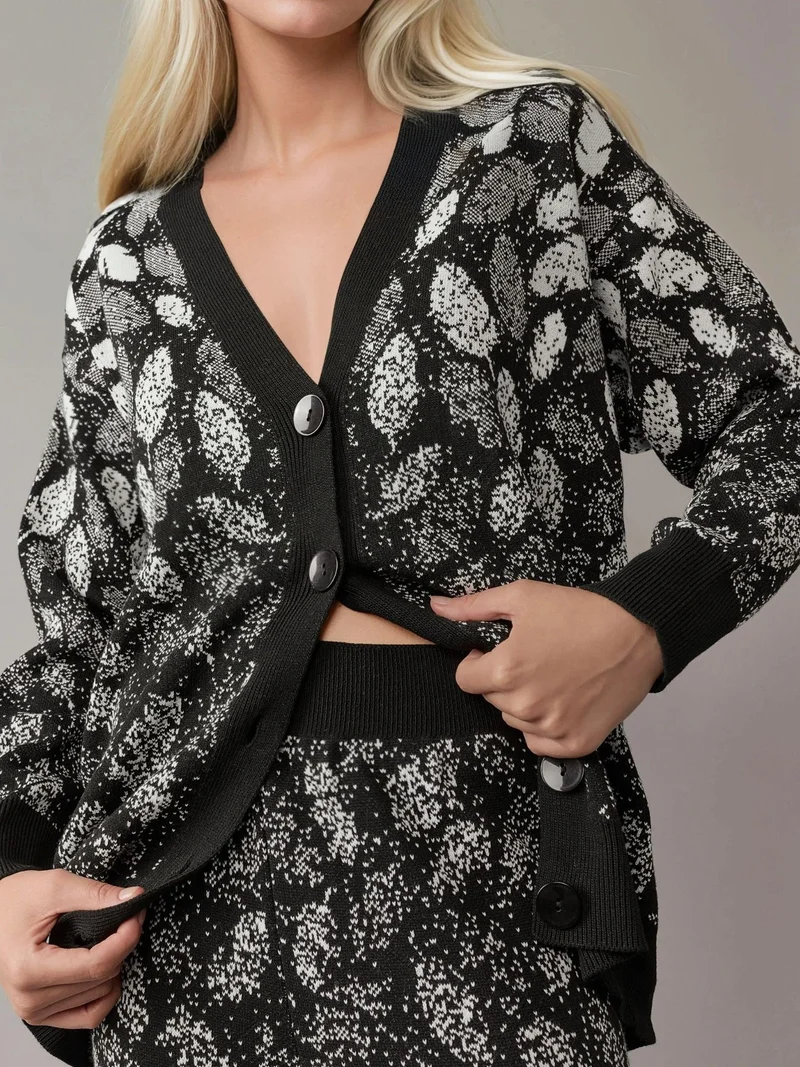 MY FASHION Black MY FASHION V-Neck Jacquard Knit Cardigan and Wide Leg Pants Set for Women | Best Price UAE