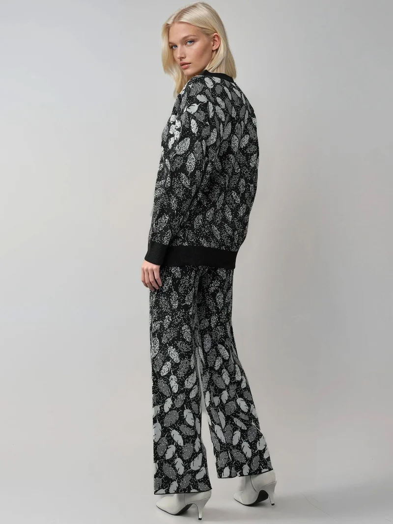MY FASHION Black MY FASHION V-Neck Jacquard Knit Cardigan and Wide Leg Pants Set for Women | Best Price UAE