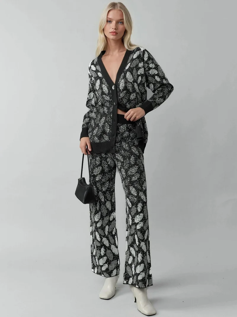 MY FASHION MY FASHION V-Neck Jacquard Knit Cardigan and Wide Leg Pants Set
