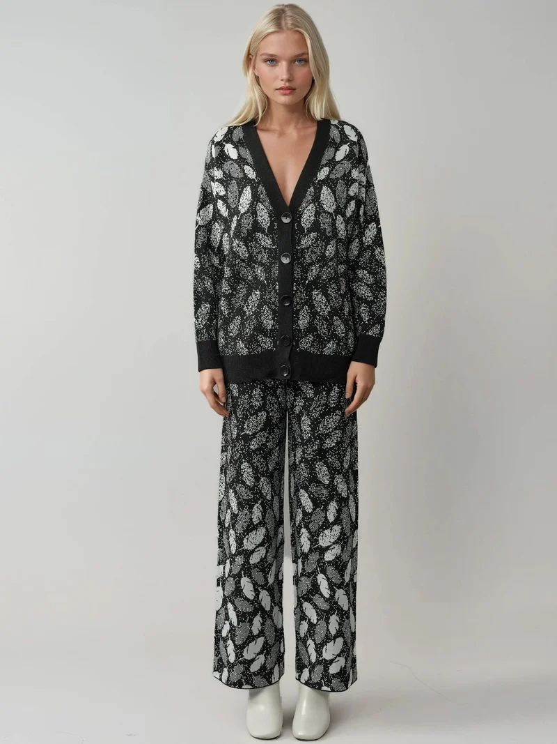 MY FASHION Black MY FASHION V-Neck Jacquard Knit Cardigan and Wide Leg Pants Set for Women | Best Price UAE
