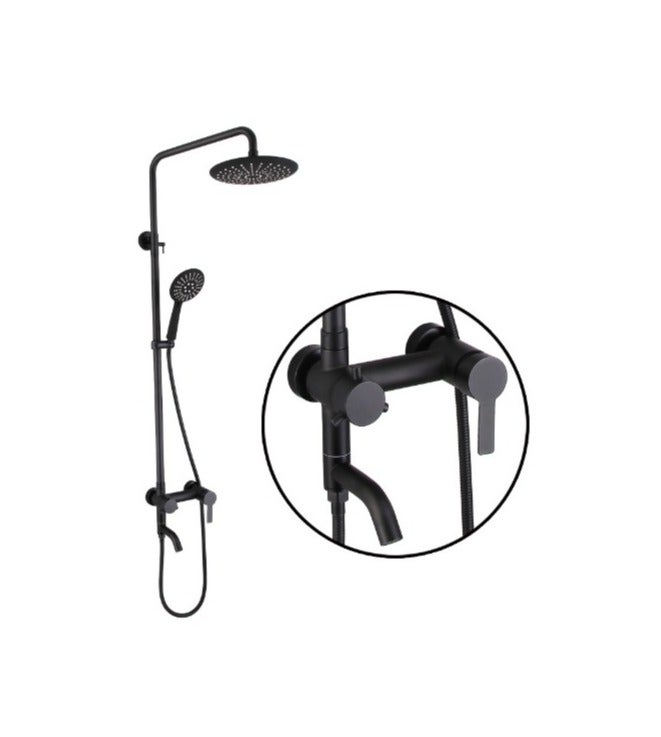 Oceanic Rain Shower Mixer Set – Brass Mixer with SS Pipe, Round Overhead Rain Shower & Hand Shower, Matte Black Bathroom Shower System