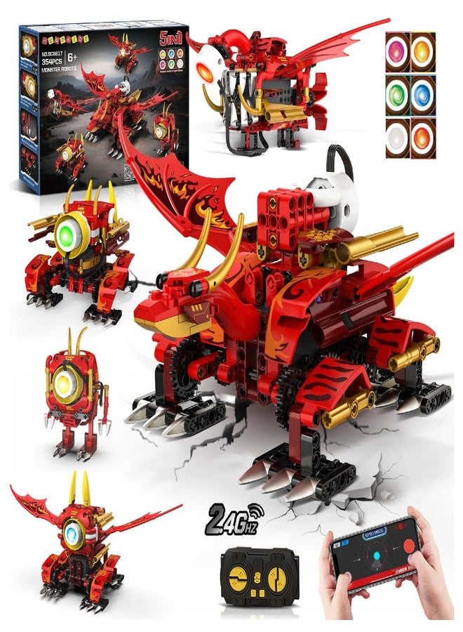HOGOKIDS 5-in-1 Dragon Robot Building Toys with 6 Lighting Colors & 5 Light Effects - 354PCS Remote & App Control Robots Toy Set for Kids, RC Robot Building Toys Gifts for Teens Boys Girls Age 8-12 - Image 1