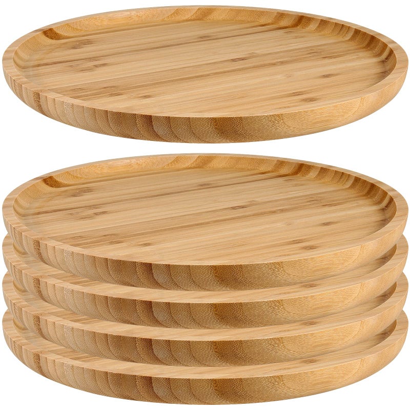JOIKIT 5 Pack 12 Inch Bamboo Round Platter, Fine Polished Round Wood Plates Bamboo Serving Tray for Holding Fruit, Bread, Cheese, Nut, Coffee, Tea, Plant Saucer - Image 1