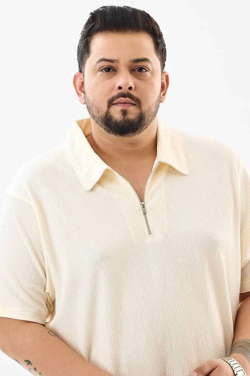 سنيتش Regular Fit Textured Cream Plus Size Polo T-Shirt